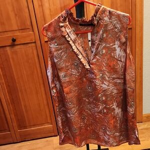 The Limited Orange and Brown Blouse with Ruffle Neckline